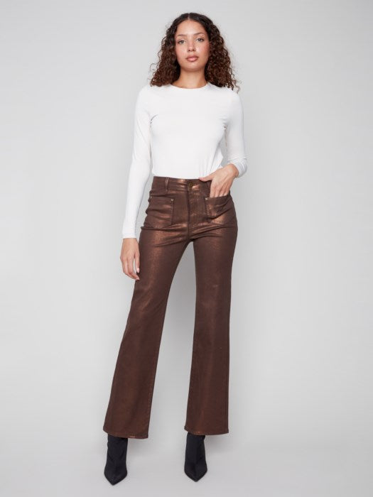 Charlie B Flare Leg Foil Twill Pant | Bronze