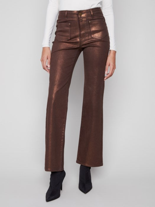 Charlie B Flare Leg Foil Twill Pant | Bronze