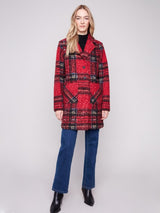 Charlie B Plaid Boucle Knit Tailored Collar Coat | Cranberry