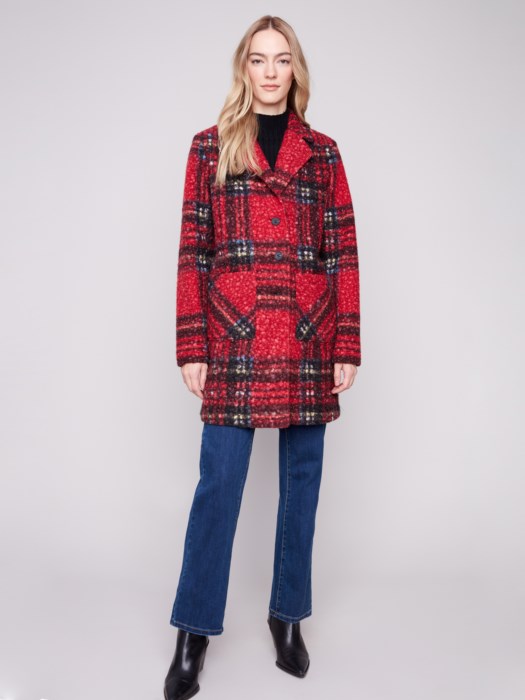 Charlie B Plaid Boucle Knit Tailored Collar Coat | Cranberry