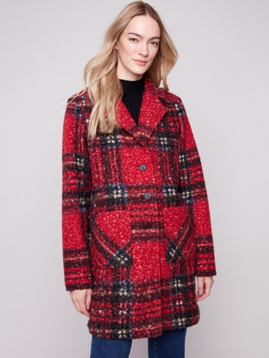 Charlie B Plaid Boucle Knit Tailored Collar Coat | Cranberry