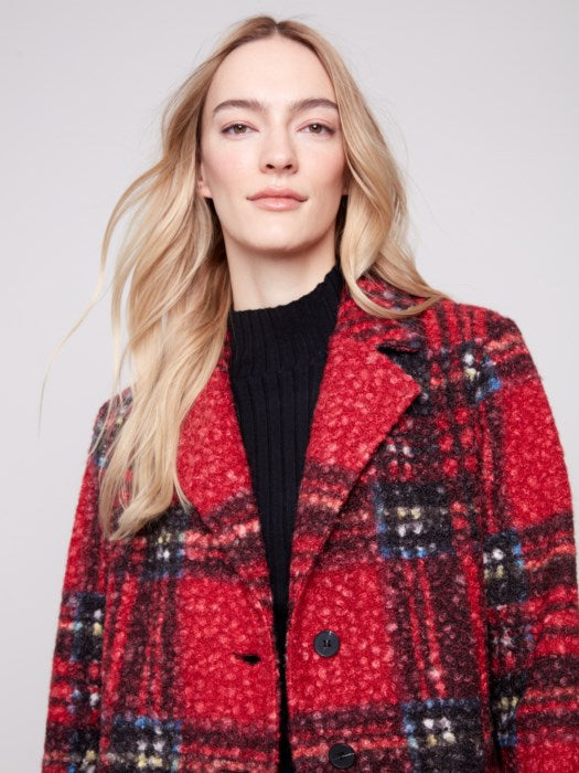 Charlie B Plaid Boucle Knit Tailored Collar Coat | Cranberry