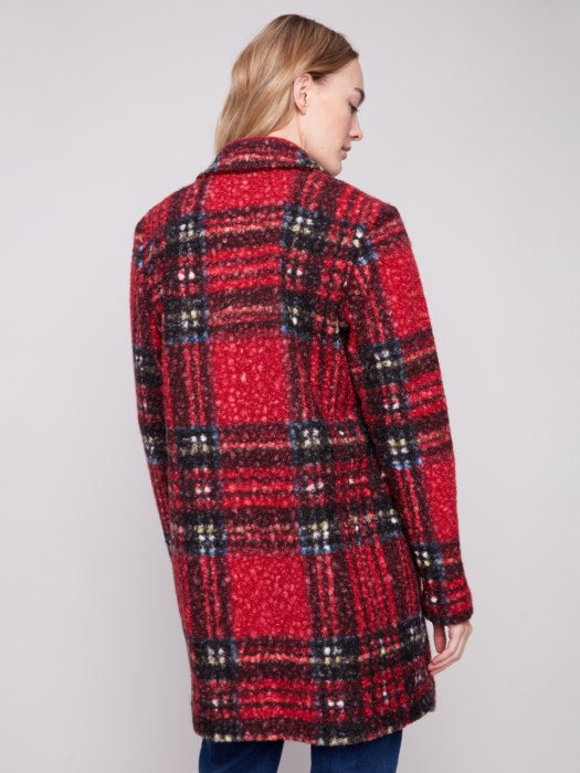 Charlie B Plaid Boucle Knit Tailored Collar Coat | Cranberry