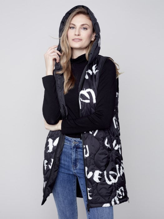 Charlie B Long Quilted Puffer Vest with Hood Black/Cream