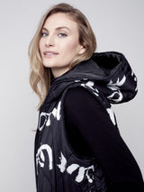 Charlie B Long Quilted Puffer Vest with Hood Black/Cream