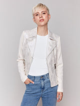 Charlie B Foiled Faux Leather and Rib Knit Jacket | Champagne