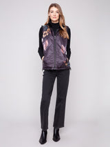 Charlie B Printed Reversible Quilted Faux Fur Nylon Vest | Black