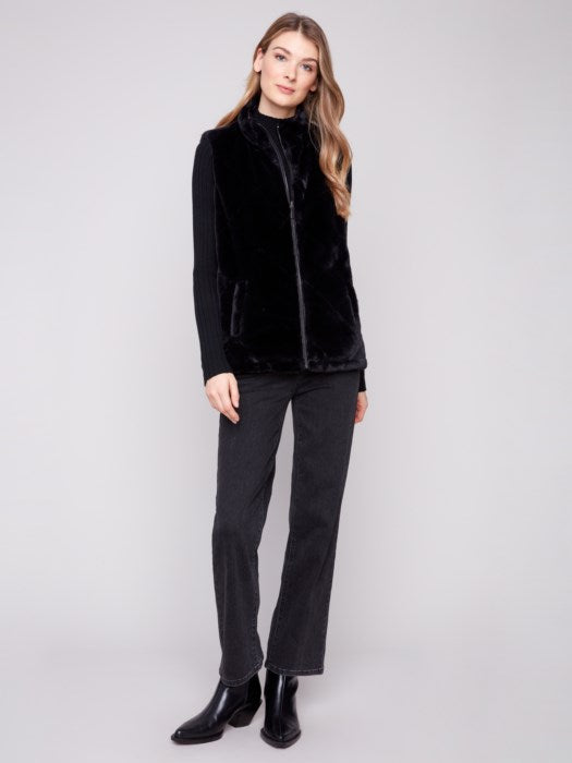 Charlie B Printed Reversible Quilted Faux Fur Nylon Vest | Black