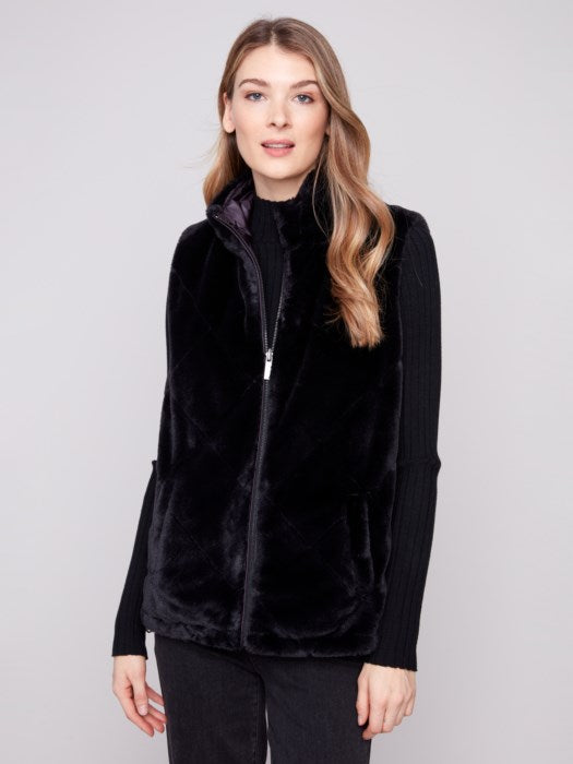 Charlie B Printed Reversible Quilted Faux Fur Nylon Vest | Black