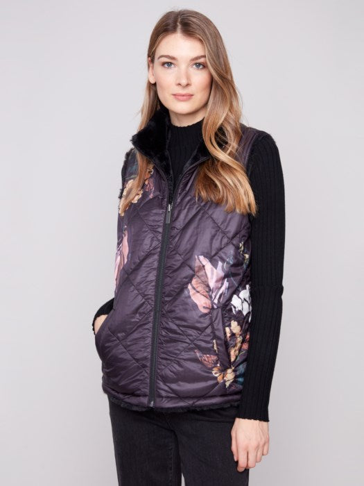 Charlie B Printed Reversible Quilted Faux Fur Nylon Vest | Black