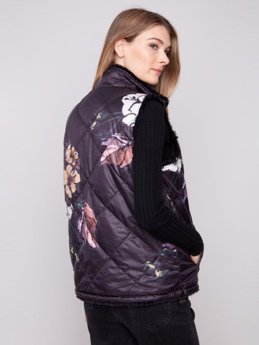 Charlie B Printed Reversible Quilted Faux Fur Nylon Vest | Black