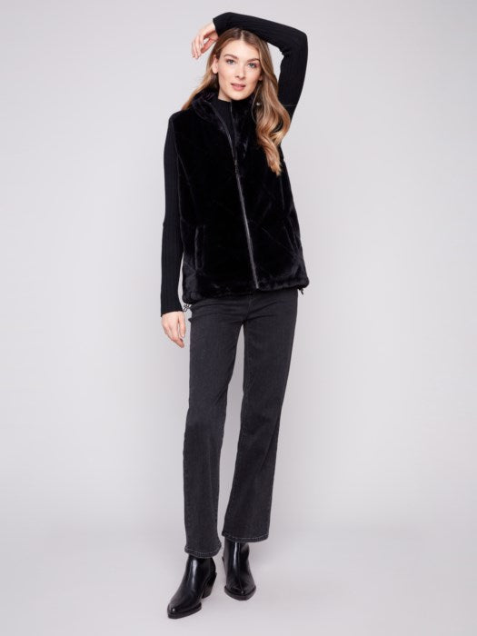 Charlie B Printed Reversible Quilted Faux Fur Nylon Vest | Black