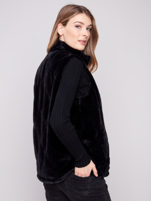 Charlie B Printed Reversible Quilted Faux Fur Nylon Vest | Black