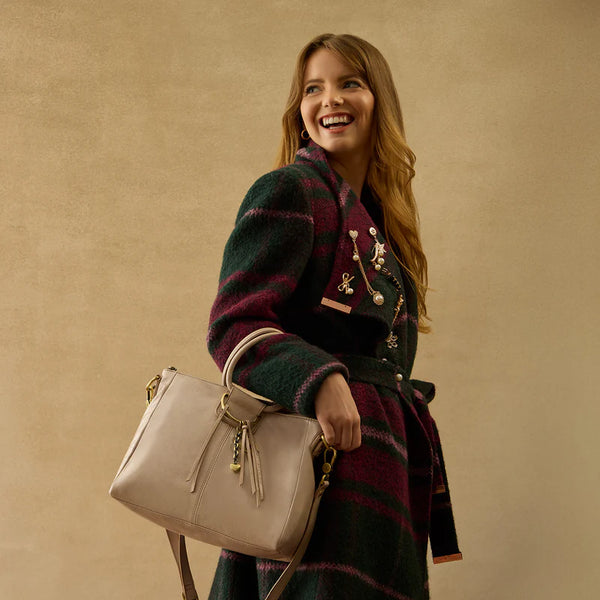 HOBO Sheila Medium Satchel in Aniline Gloss Leather | Stone Gloss