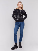 Charlie B Flower Embroidered Plushy Crew-Neck Sweater-Black