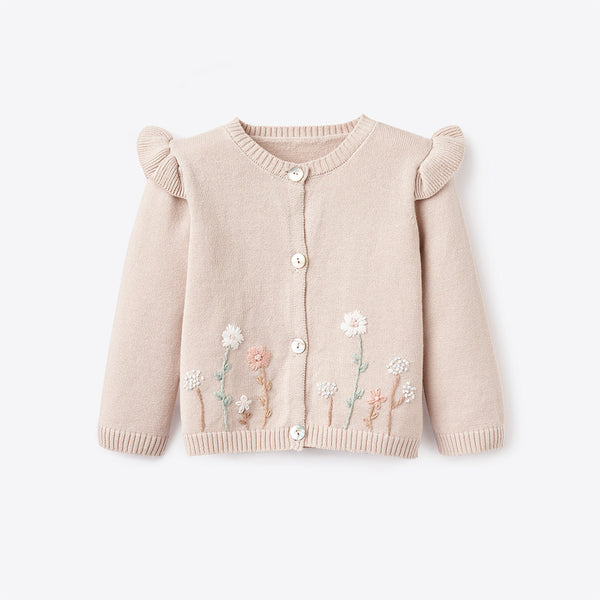 Elegant Baby Taupe Flutter Sleeve Hand-Embroidered Baby Cardigan