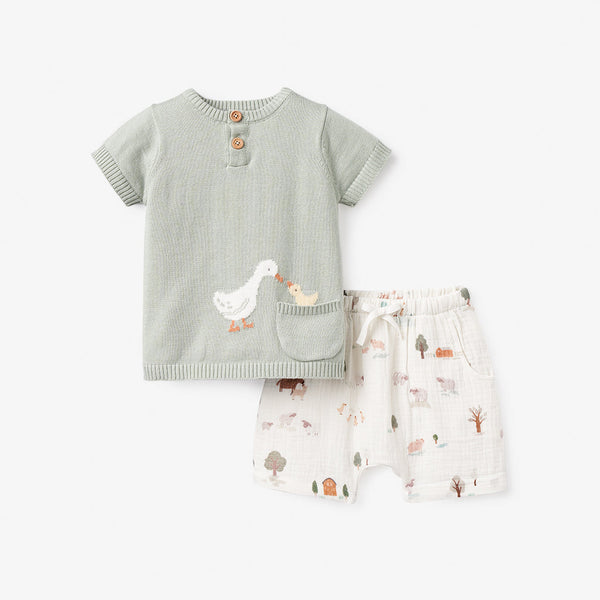 Elegant Baby On the Farm Knit Henley + Organic Muslin Short Set