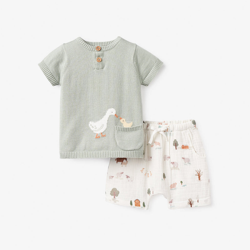 Elegant Baby On the Farm Knit Henley + Organic Muslin Short Set