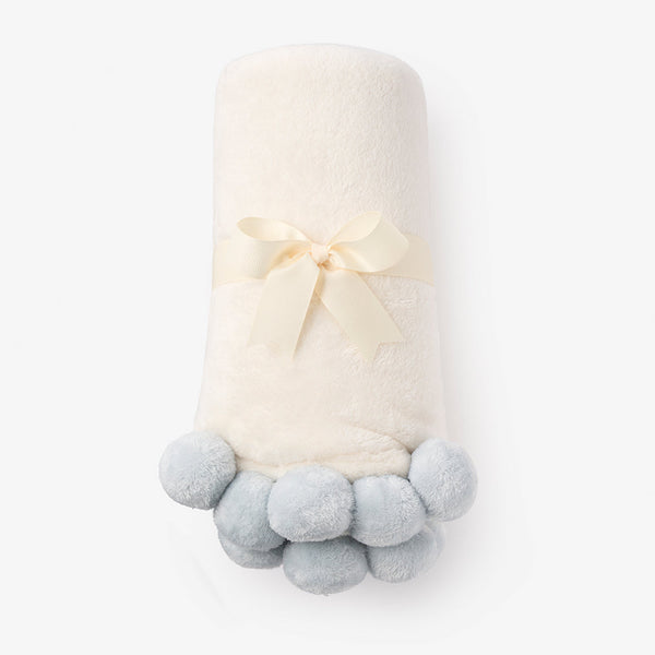 Elegant Baby Pale Blue Pom Trim Fleece Baby Stroller Blanket