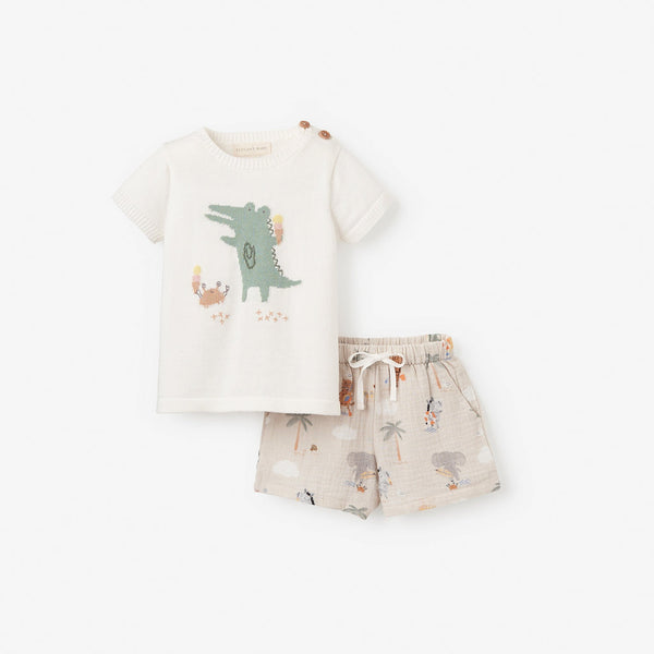 Elegant Baby Alligator Knit Pullover + Seaside Safari Organic Muslin Short Set