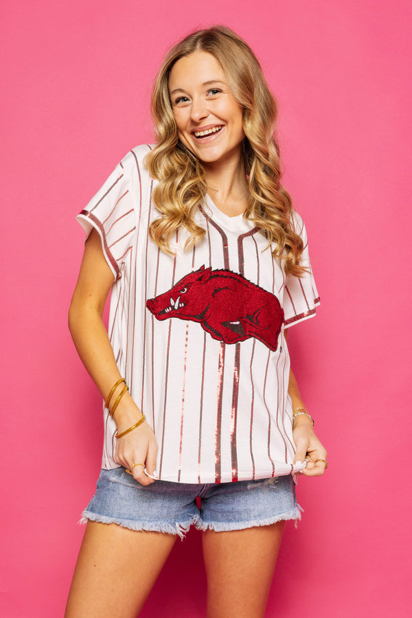 Queen Of Sparkles White & Crimson Razorback Tee