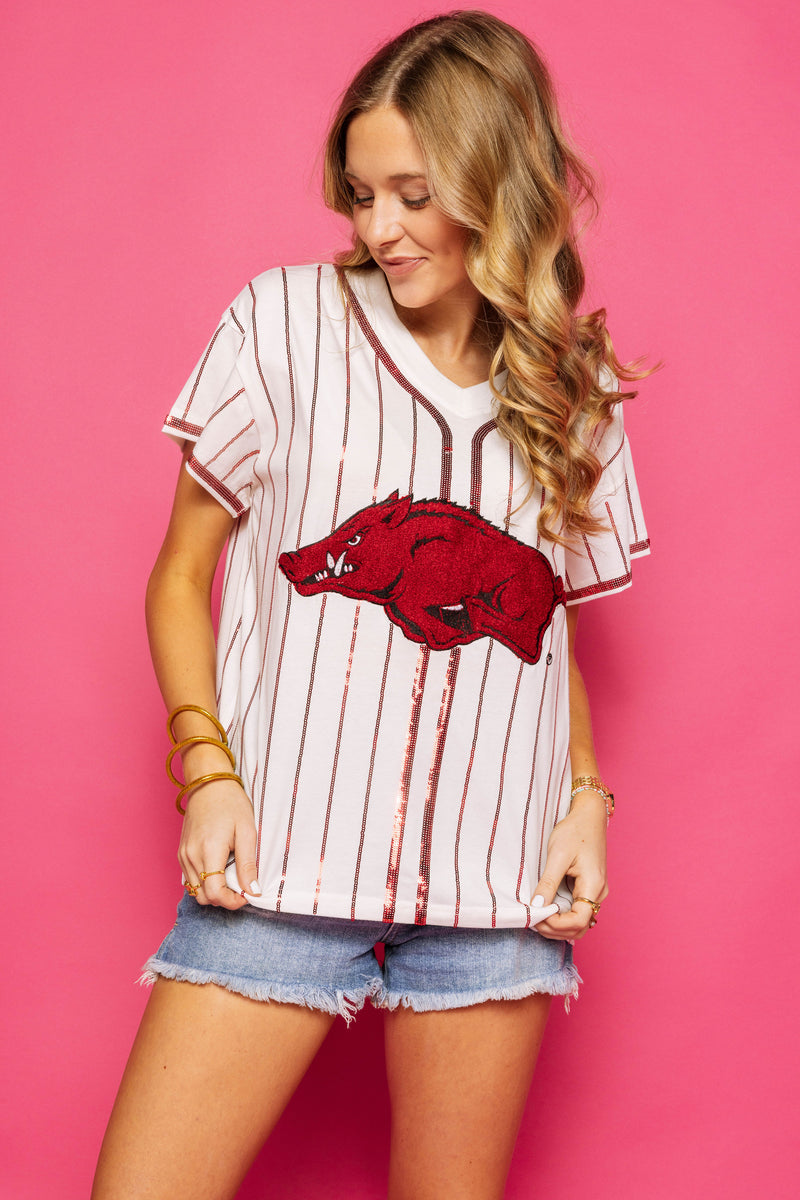 Queen Of Sparkles White & Crimson Razorback Tee