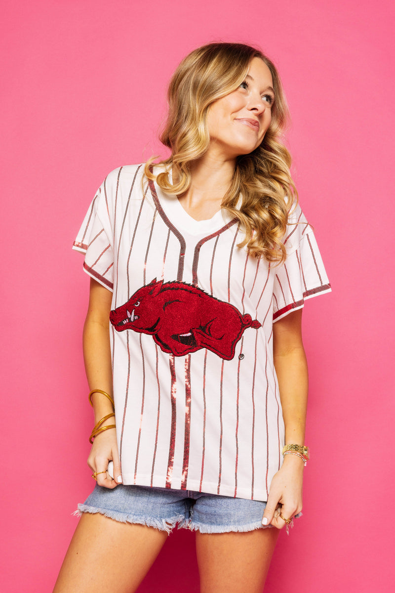 Queen Of Sparkles White & Crimson Razorback Tee