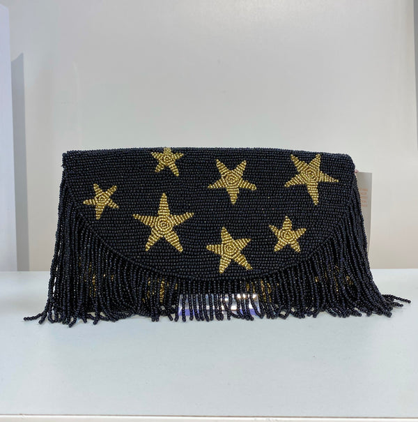 Pria Fringed Star Black Beaded Bag-Black/Gold