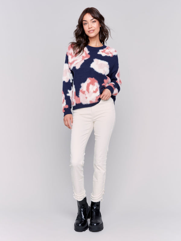 Charlie B Hairy Yarn Floral Jacquard Crew-Neck Sweater -Navy