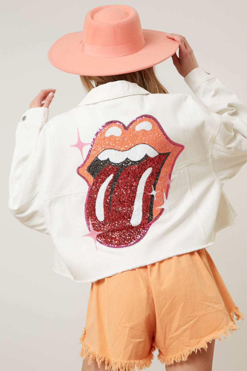Fantastic Fawn Rolling Stones Sequins on Back Denim Crop Jacket-White