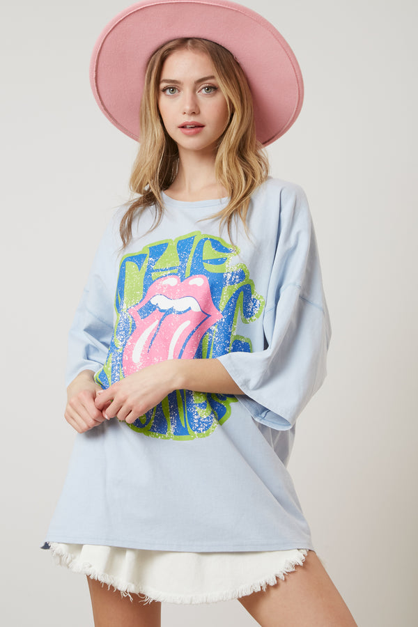 Fantastic Fawn Rolling Stones Graphic Oversized Tee-Dusty Blue