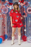 Fantastic Fawn Sequin America Hearts T-Shirt- Red