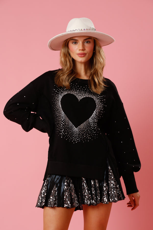 Fantastic Fawn Rhinestone Heart Pullover | Black