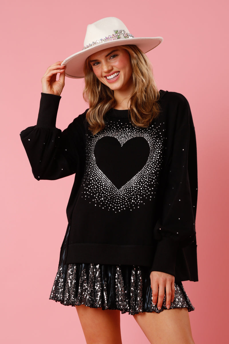 Fantastic Fawn Rhinestone Heart Pullover | Black