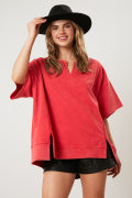 Fantastic Fawn Washed French Terry Loose Fit Top-Red