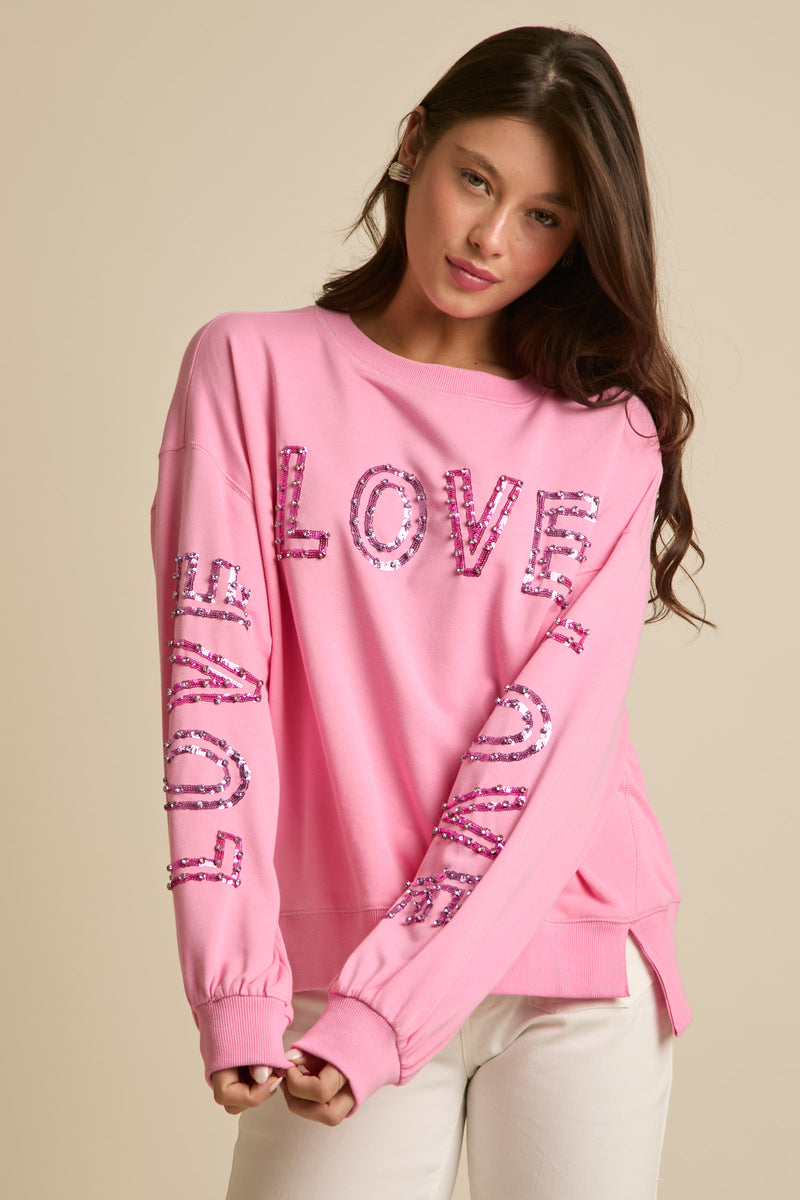 Fantastic Fawn Loose Fit Long Sleeve Top with Love Love Love | Pink