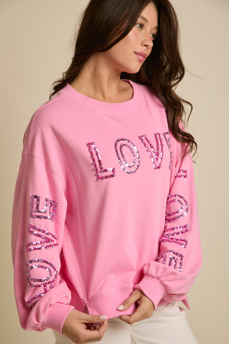 Fantastic Fawn Loose Fit Long Sleeve Top with Love Love Love | Pink