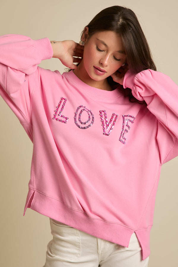 Fantastic Fawn Loose Fit Long Sleeve Top with Love Love Love | Pink