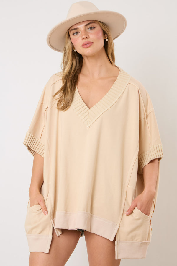 Fantastic Fawn V Neck Top with Raw Edge Details-Beige