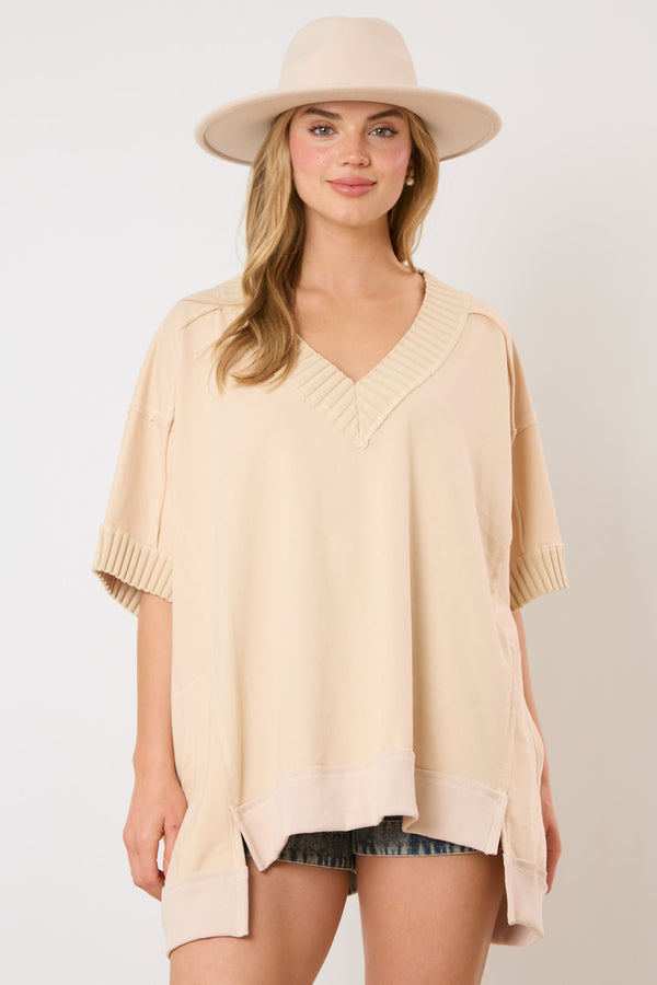 Fantastic Fawn V Neck Top with Raw Edge Details-Beige