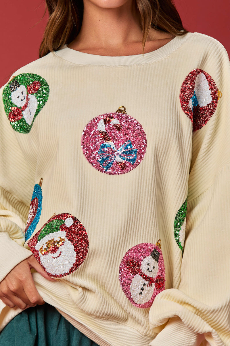 Peach Love Knit Corduroy Christmas Ornaments Sequins Embroidered Sweatshirt-Cream