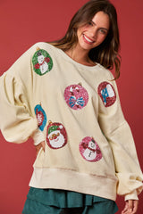 Peach Love Knit Corduroy Christmas Ornaments Sequins Embroidered Sweatshirt-Cream