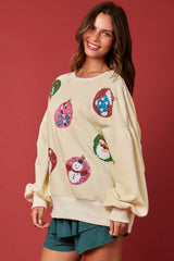 Peach Love Knit Corduroy Christmas Ornaments Sequins Embroidered Sweatshirt-Cream