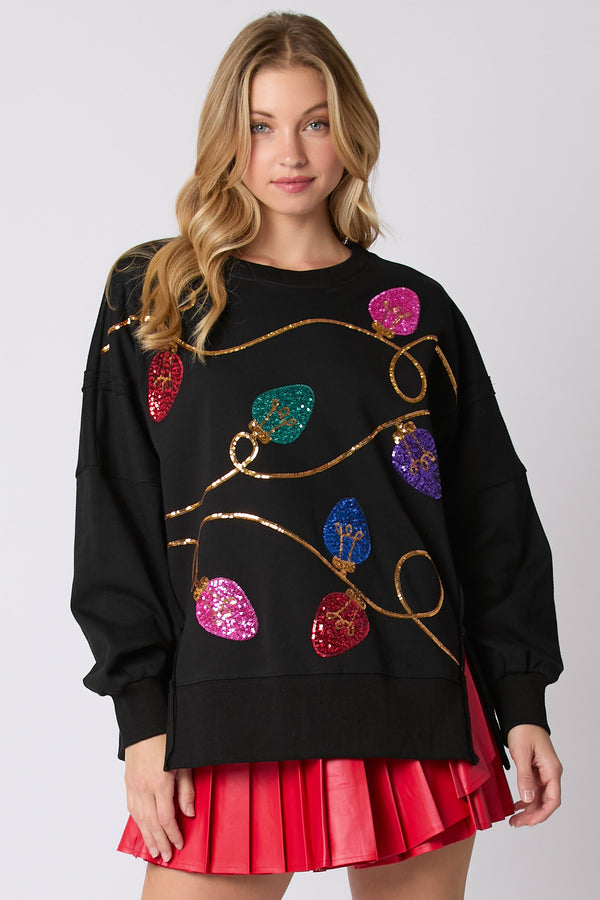 Peach Love Christmas Ornaments Sequins Embroidered Sweatshirt-Black