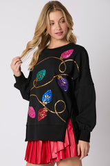 Peach Love Christmas Ornaments Sequins Embroidered Sweatshirt-Black