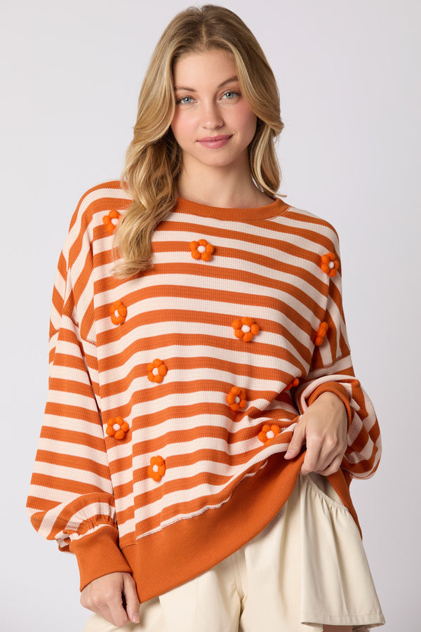 Peach Love Cotton Thermal Mini Flower Trim Oversize Sweatshirt-Pumpkin/Cream