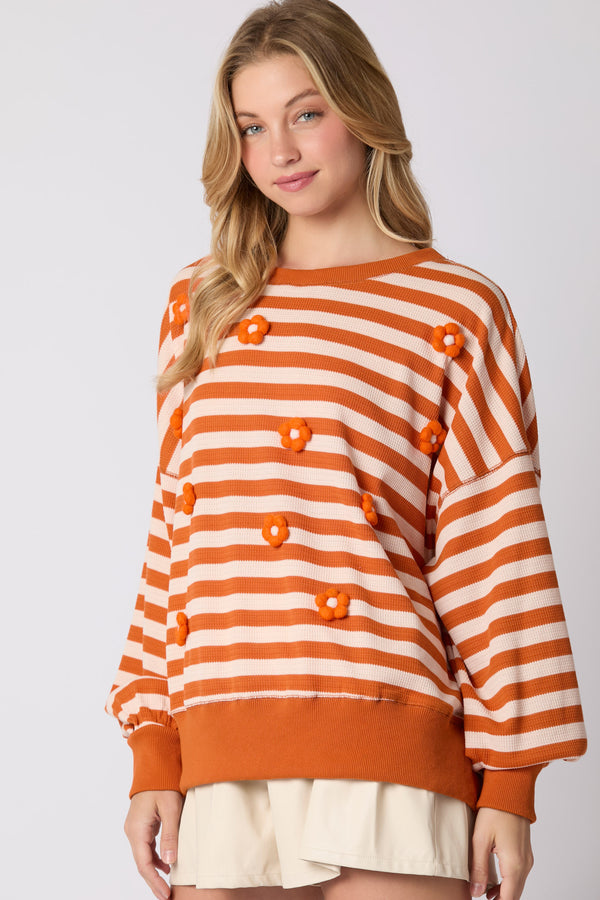 Peach Love Cotton Thermal Mini Flower Trim Oversize Sweatshirt-Pumpkin/Cream