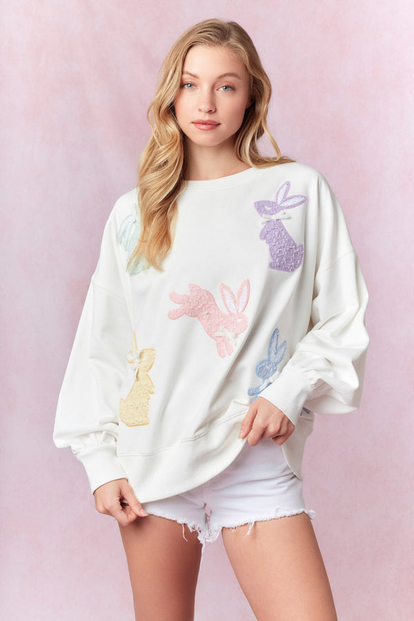 Peach Love Easter Bunny Tweed Embroidery Detail Sweatshirt