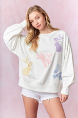 Peach Love Easter Bunny Tweed Embroidery Detail Sweatshirt