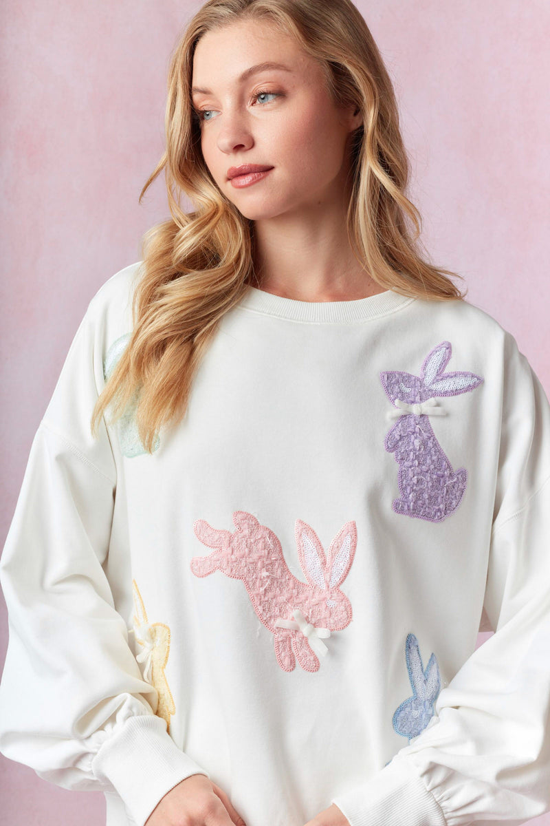 Peach Love Easter Bunny Tweed Embroidery Detail Sweatshirt